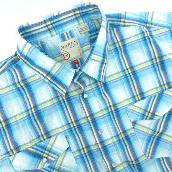 Roper Western Shirt Mens 3XL Blue Green Cotton Plaid Long Sleeve Cowboy - Picture 1 of 9